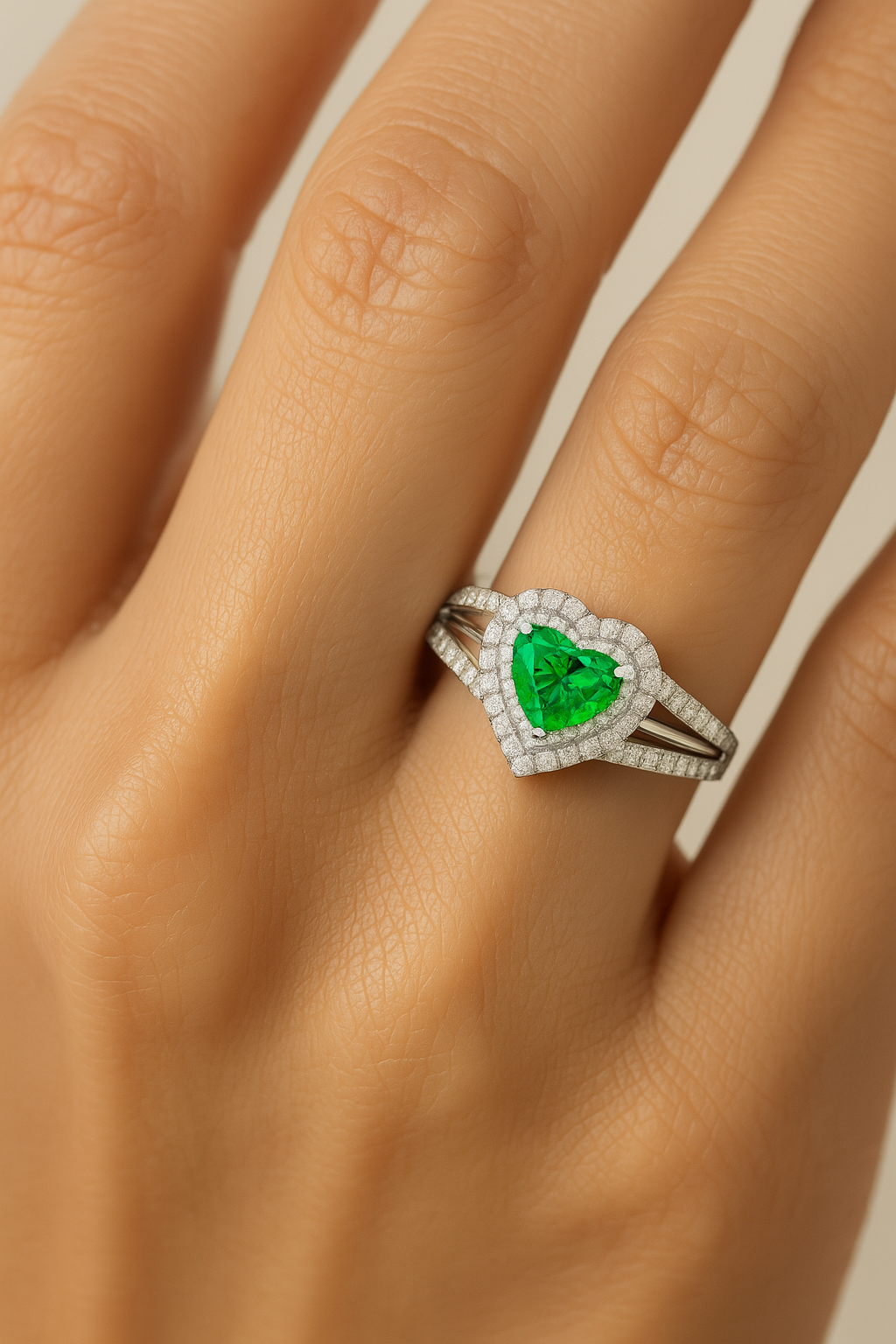 Heart-Shaped Emerald Ring with Double Halo & Diamond-Embellished Band (5mm)