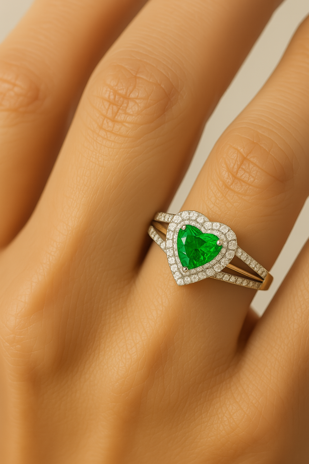 Heart-Shaped Emerald Ring with Double Halo & Diamond-Embellished Band (5mm)