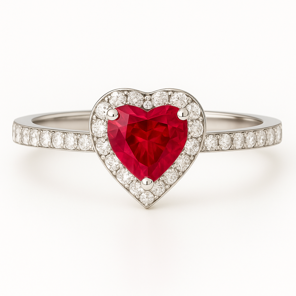 Heart-Shaped Ruby Ring with Diamond Halo – 4.5mm