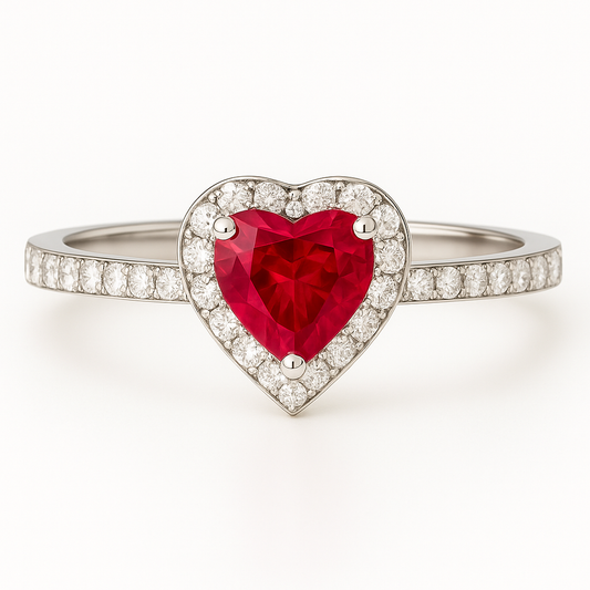Heart-Shaped Ruby Ring with Diamond Halo – 4.5mm