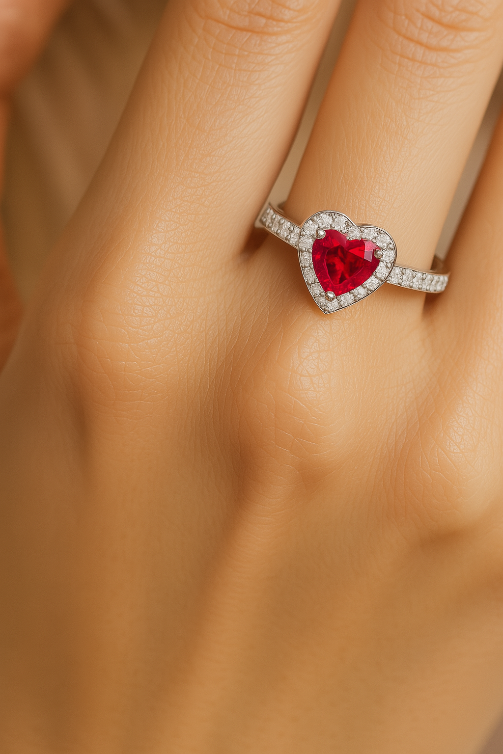 Heart-Shaped Ruby Ring with Diamond Halo – 4.5mm