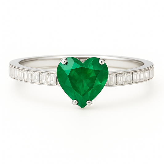 Heart-Shaped Emerald Ring with Square Diamond Accent – 4mm