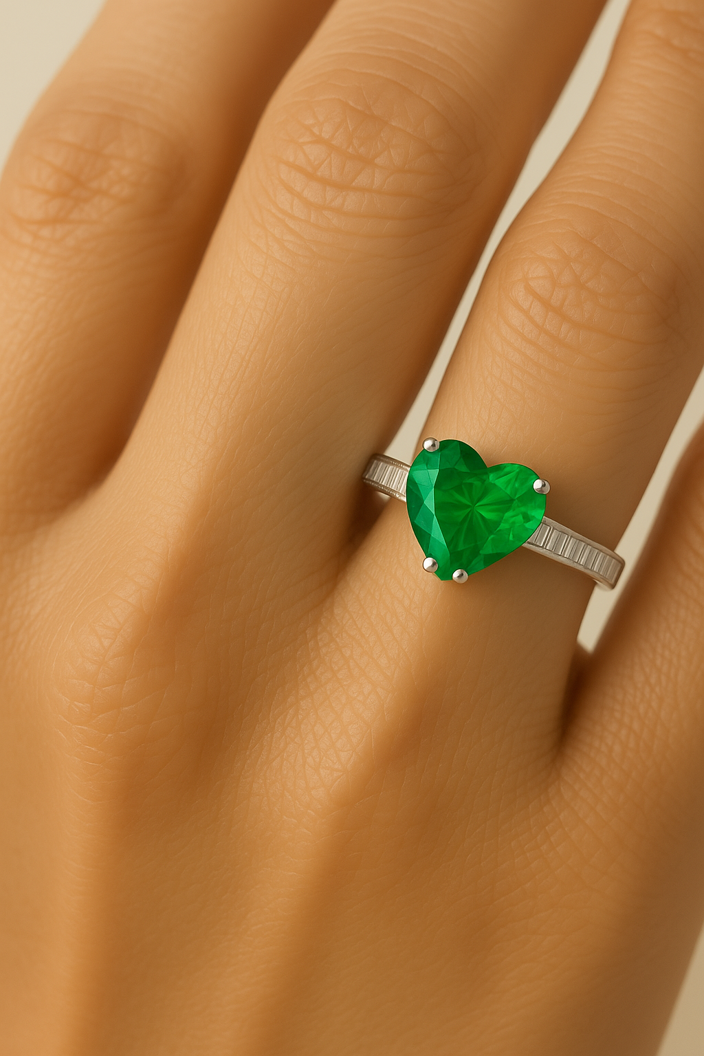 Heart-Shaped Emerald Ring with Square Diamond Accent – 4mm