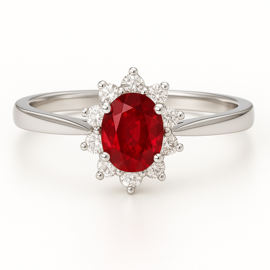 Oval-Shaped Ruby Halo Ring with Pointed Diamond Accents