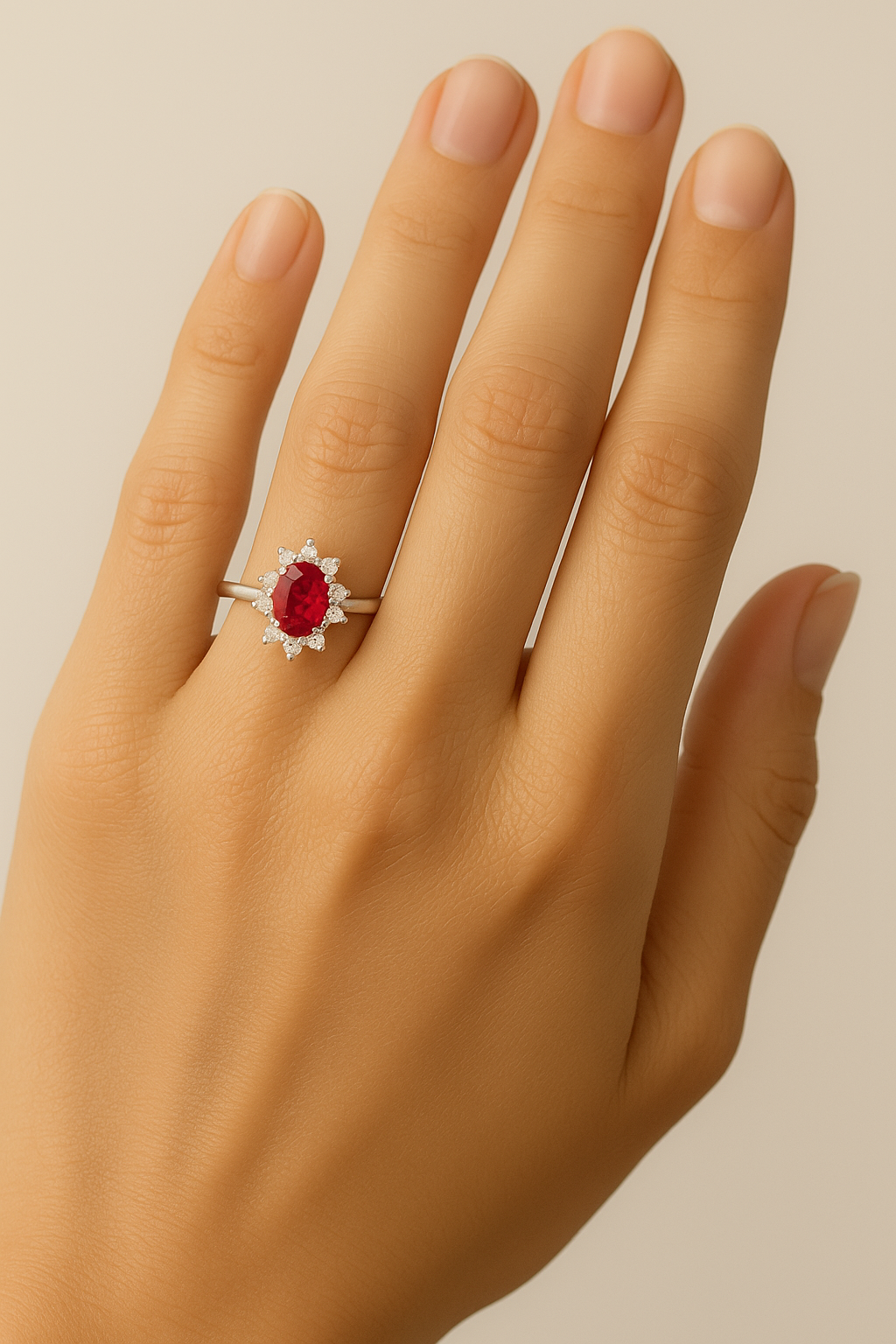Oval-Shaped Ruby Halo Ring with Pointed Diamond Accents