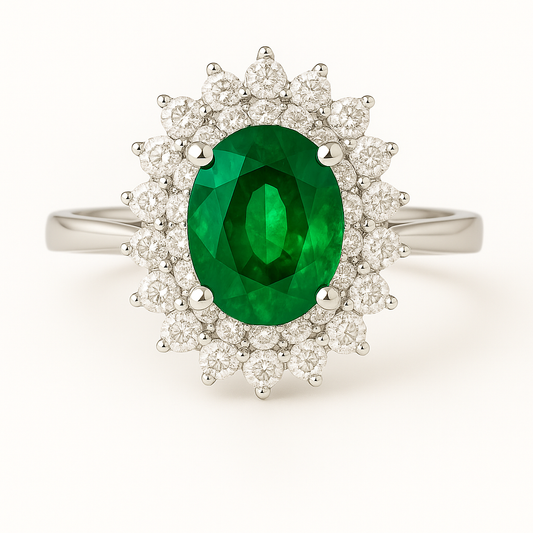 Oval Emerald (9x7mm) Ring with Double Halo of Natural Diamonds