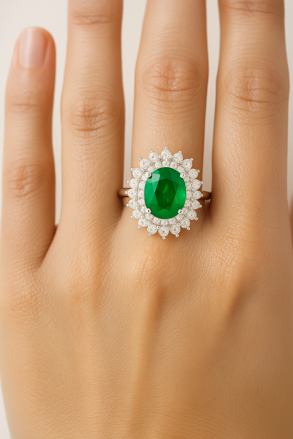 Oval Emerald (9x7mm) Ring with Double Halo of Natural Diamonds