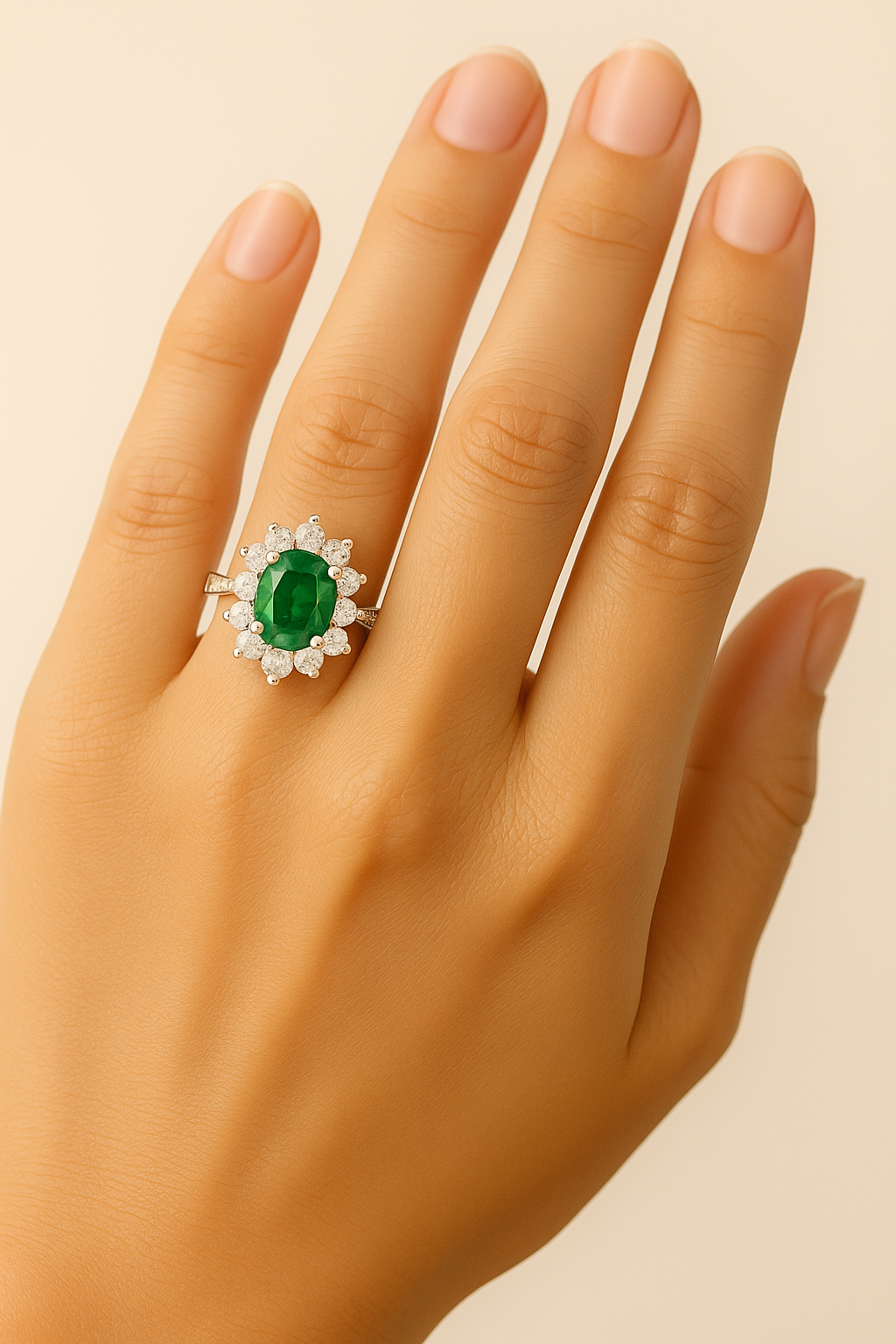 Oval Emerald (7x5 mm) ring with Pointed Diamond Halo