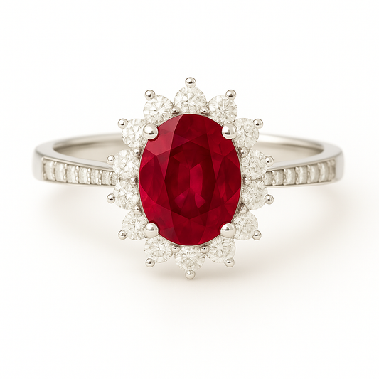 Oval Ruby (5x4 mm) Ring with Pointed Diamond Halo and Diamond-Set Band