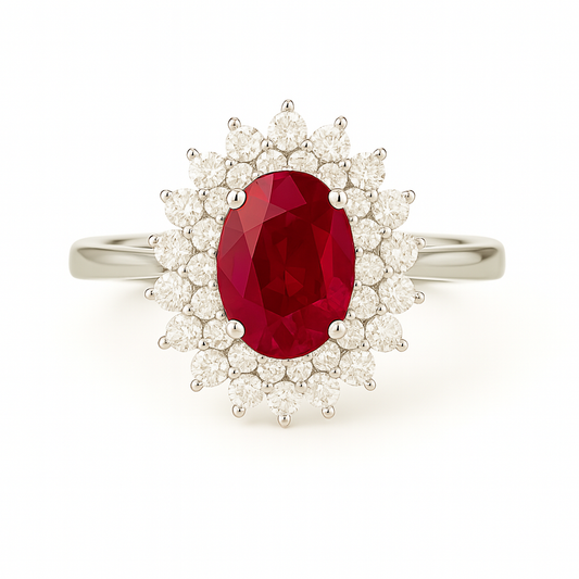 Oval Ruby (8x6 mm) Double Halo Ring with Pointed Diamonds
