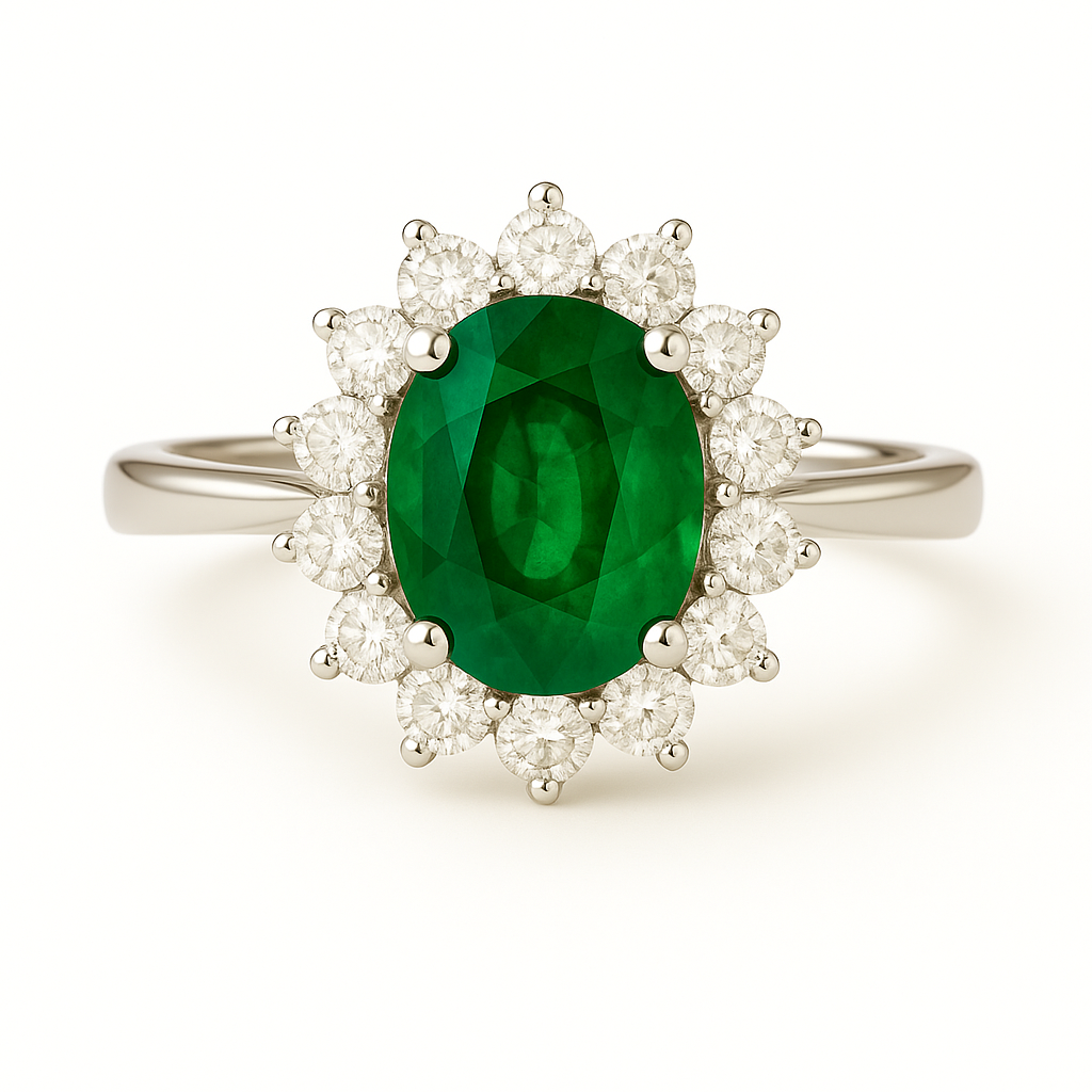 Oval Emerald (8x6 mm) ring with Pointed Diamond Halo