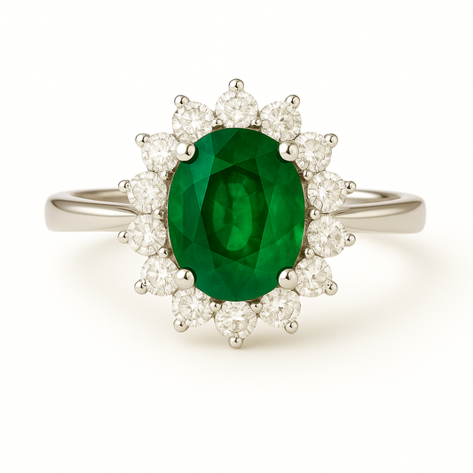 Oval Emerald (6x4 mm) Ring with Pointed Diamond Halo