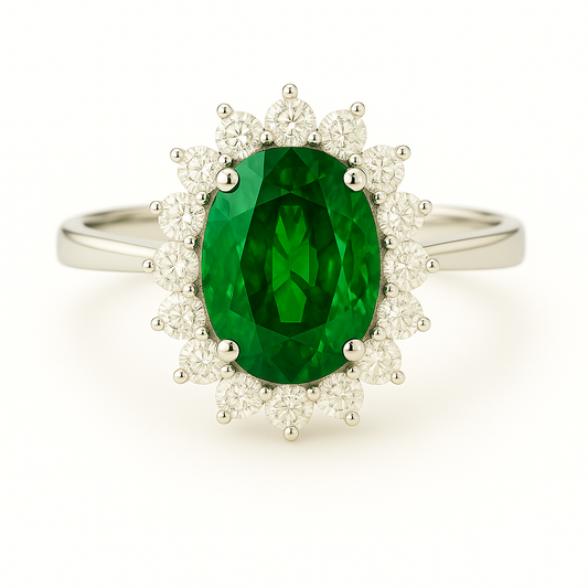 Oval Emerald (9x7 mm) ring with Pointed Diamond Halo
