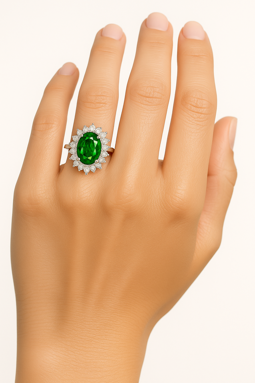 Oval Emerald (9x7 mm) ring with Pointed Diamond Halo
