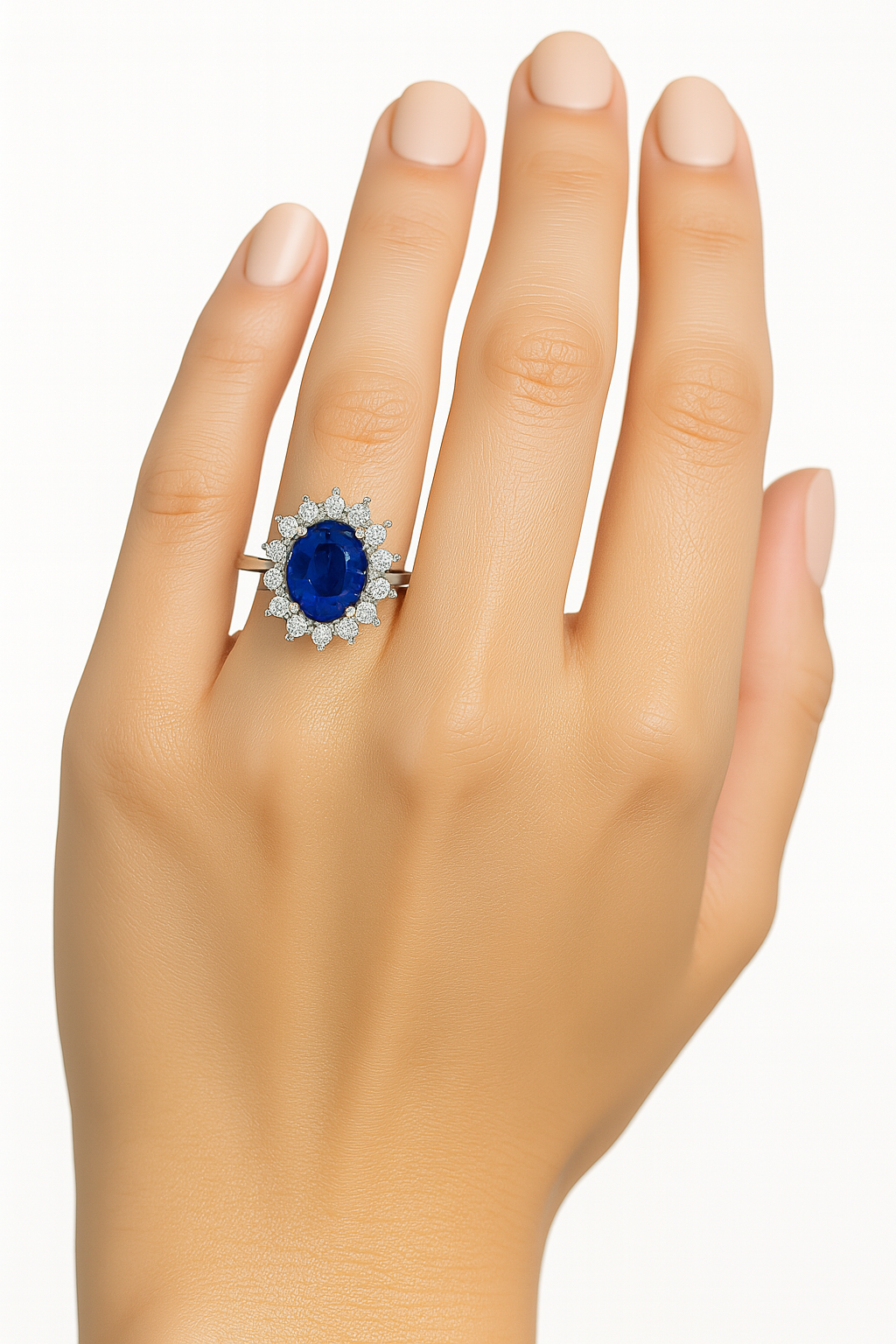 Oval Sapphire (7x5 mm) ring with Pointed Diamond Halo