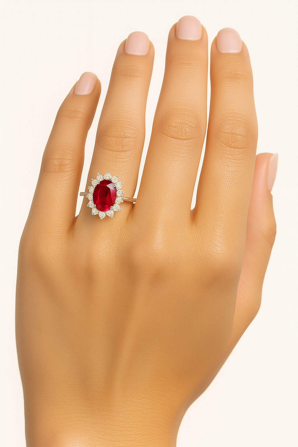 Oval Ruby (7x5 mm) ring with Pointed Diamond Halo