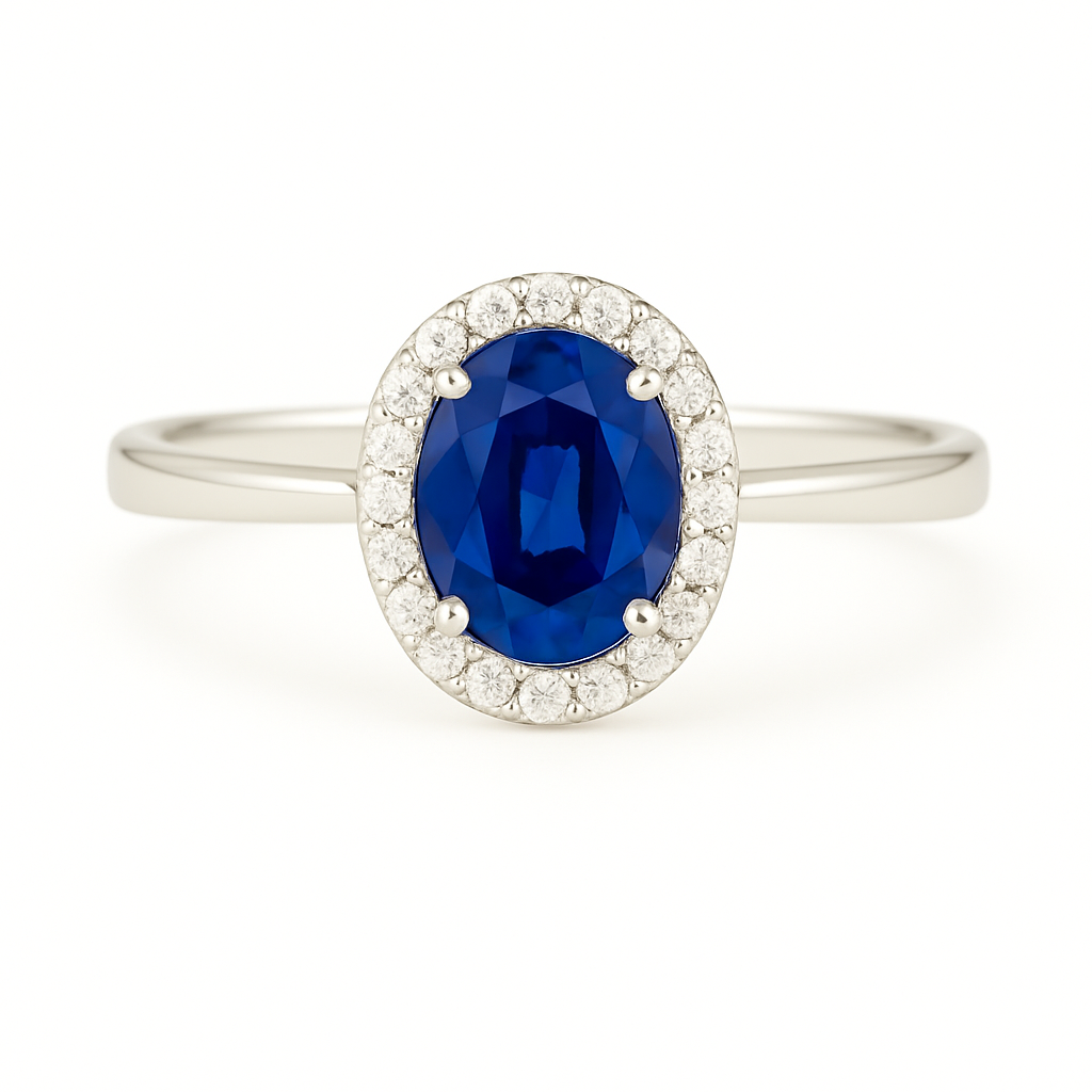 Oval Sapphire (5x4 mm) ring with Round Diamond Halo