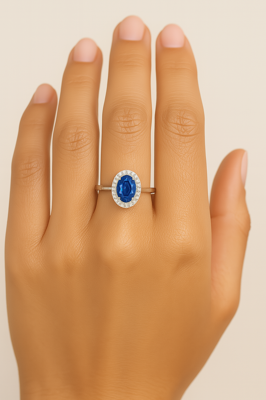Oval Sapphire (5x4 mm) ring with Round Diamond Halo