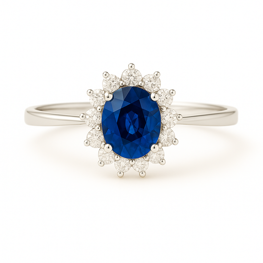 Oval Sapphire (6x5 mm) ring with Pointed Diamond Halo