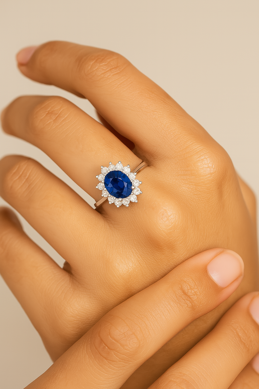 Oval Sapphire (6x5 mm) ring with Pointed Diamond Halo
