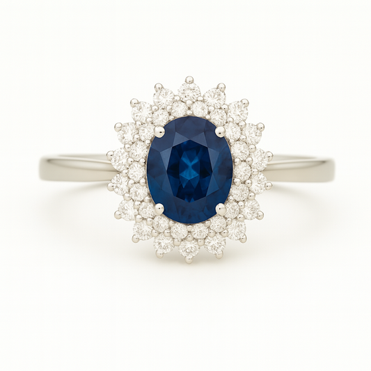Royal Blue Sapphire Halo Ring – Oval Sapphire (7x5 mm) with Double Diamond Layers