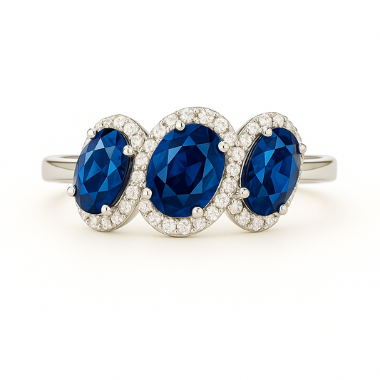 Triple Tilted Sapphire Oval Ring – 3x (7x5 mm) Sapphires with Diamond Halo