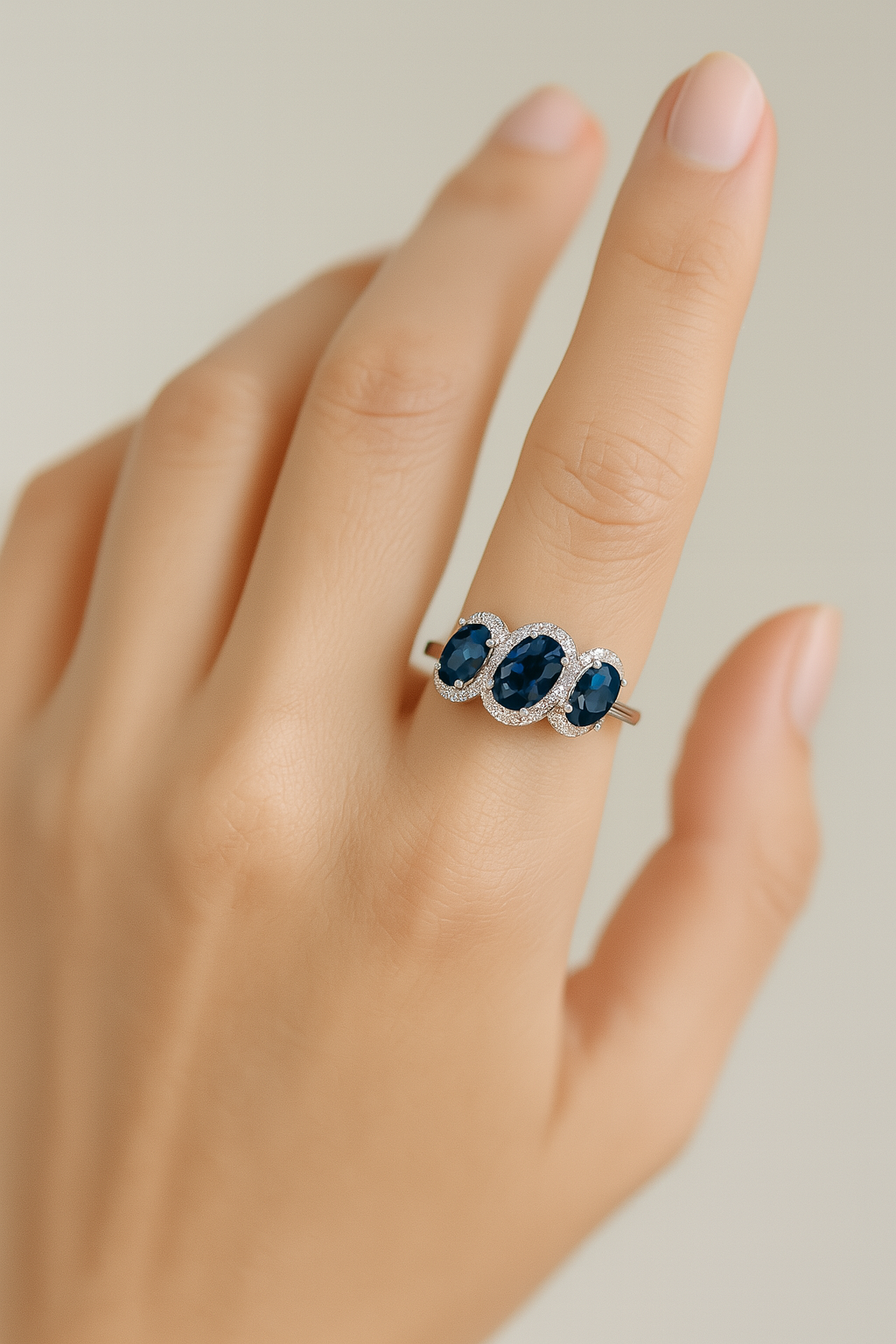 Triple Tilted Sapphire Oval Ring – 3x (7x5 mm) Sapphires with Diamond Halo