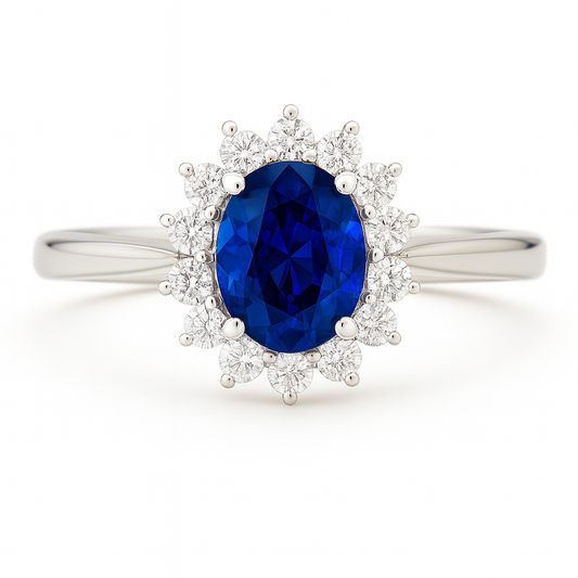 Petite Oval Sapphire Ring – 5x4 mm with Pointed Diamond Halo