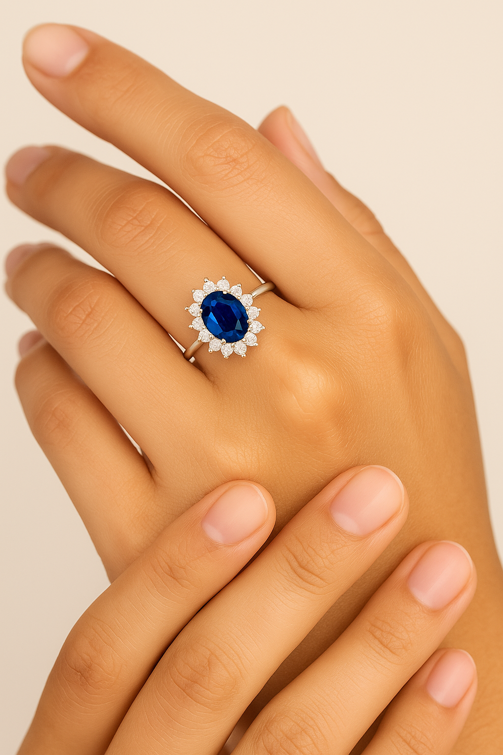 Petite Oval Sapphire Ring – 5x4 mm with Pointed Diamond Halo