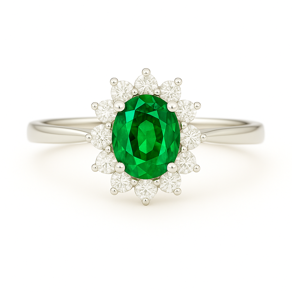 Petite Oval Emerald Ring – 5x4 mm with Pointed Diamond Halo