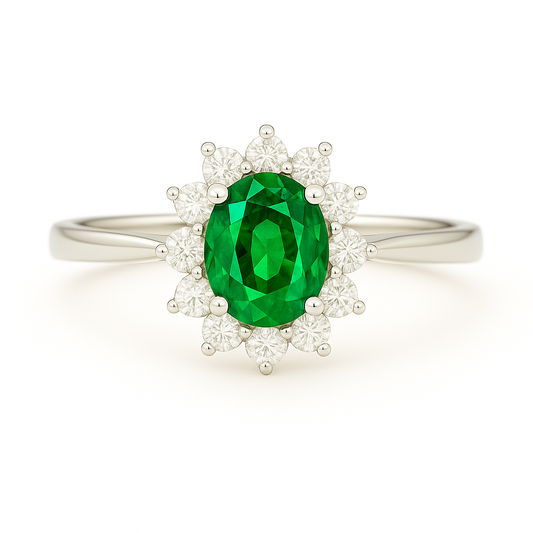 Petite Oval Emerald Ring – 5x4 mm with Pointed Diamond Halo