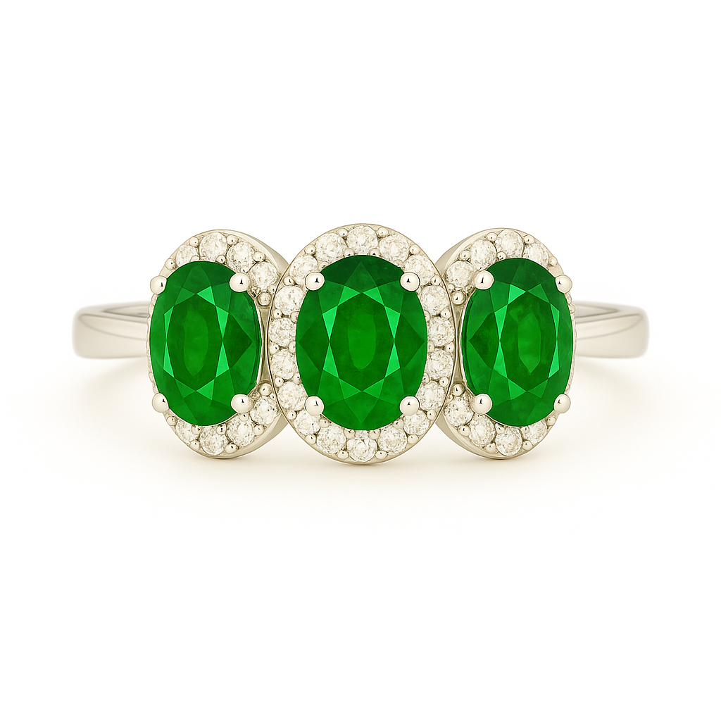 Triple Oval Emerald Ring – 7x5 mm Stones with Diamond Halo -