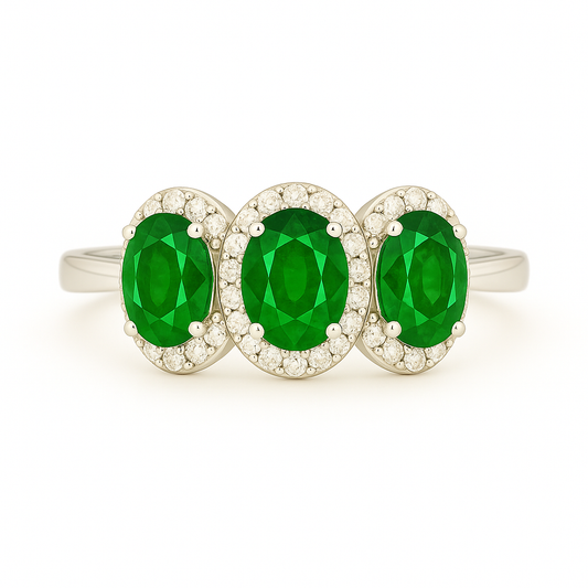 Triple Oval Emerald Ring – 7x5 mm Stones with Diamond Halo -