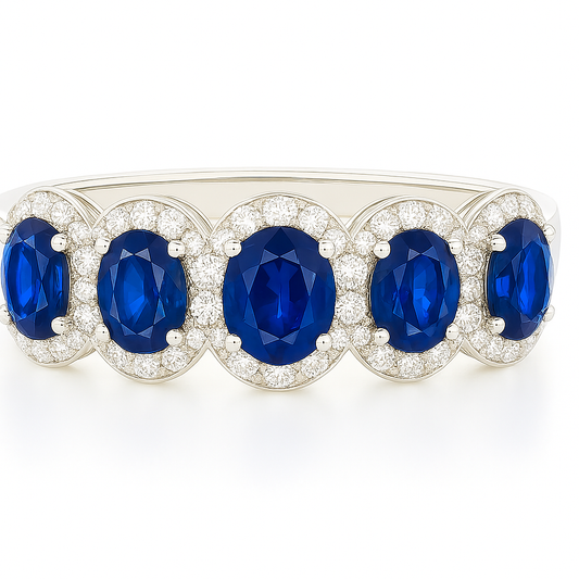 Five-Stone Sapphire Ring – Oval 5x4 mm with Diamond Halo
