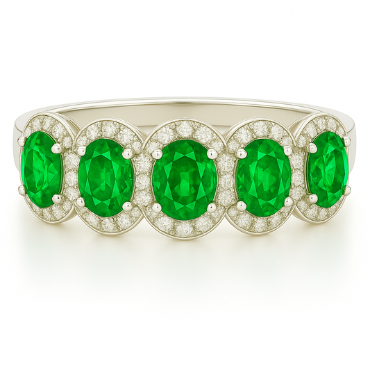 Five-Stone Emerald Ring – Oval 5x4 mm with Diamond Halo