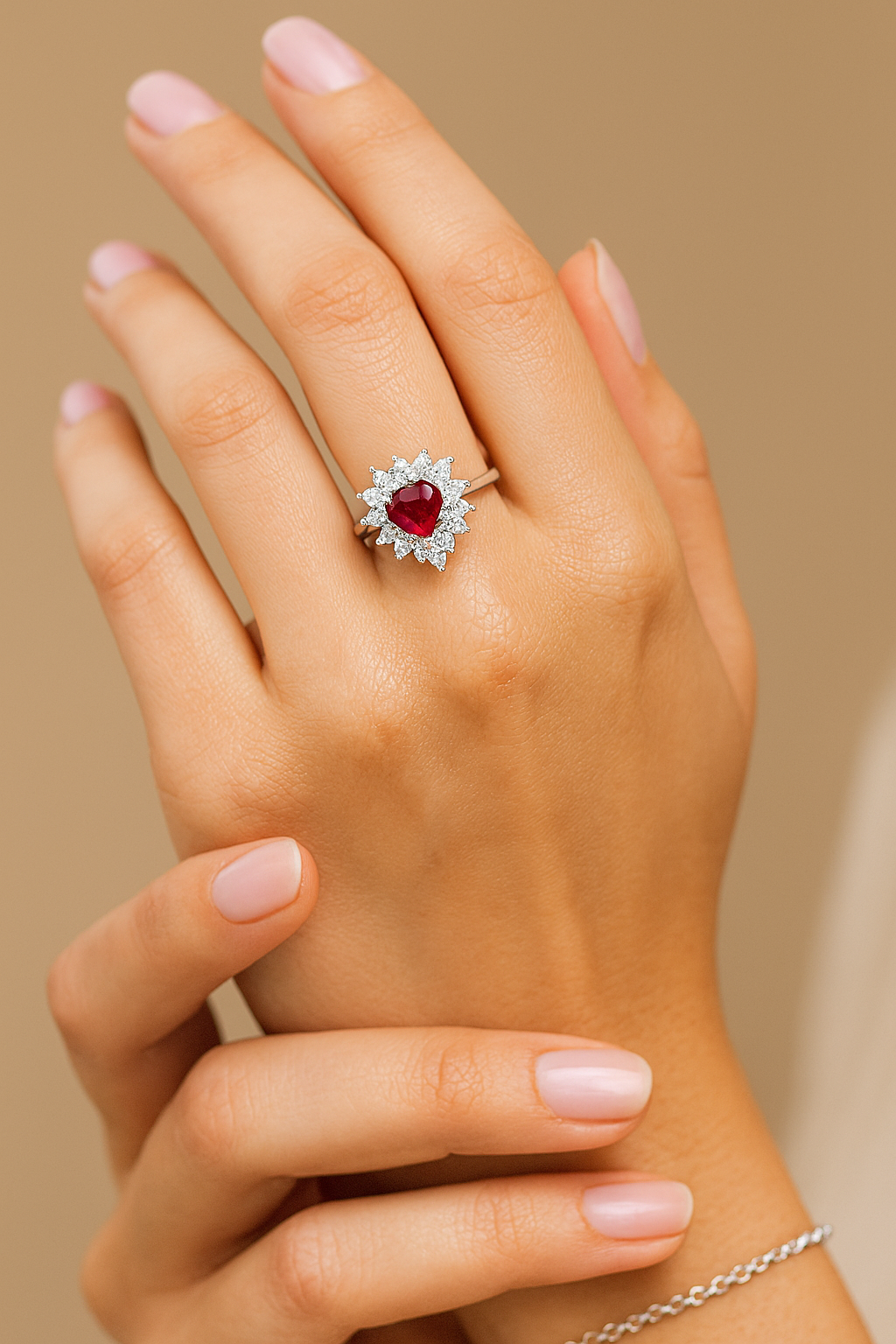 Petite Heart-Shaped Ruby Ring with Pointed Diamond Halo – 2mm