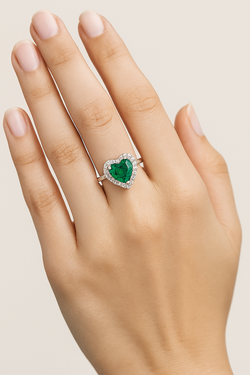 Heart-Shaped Emerald Ring with Diamond Halo – 6.5mm