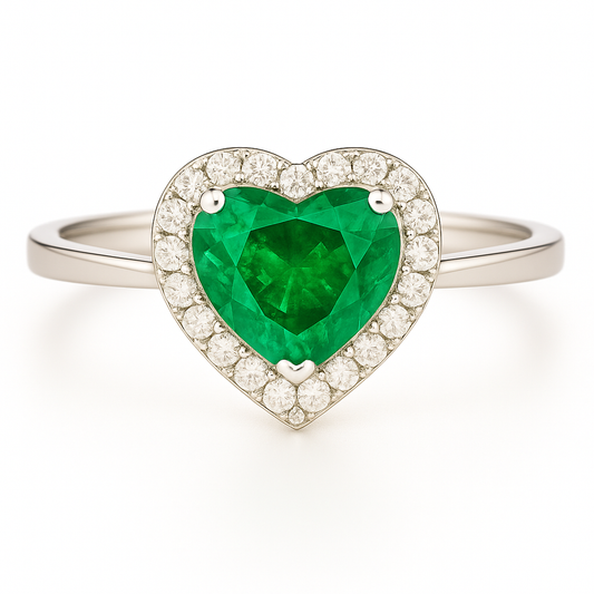 Heart-Shaped Emerald Ring with Diamond Halo – 6.5mm