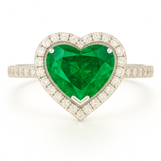 Heart-Shaped 6.5mm Emerald Ring with Diamond Halo and Pave Band