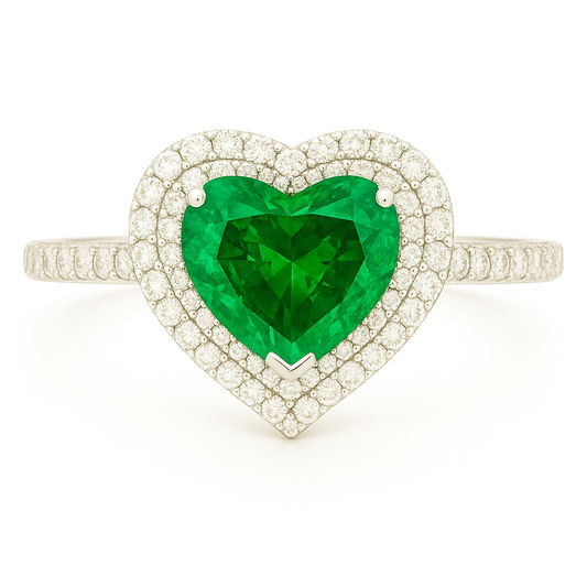 Double Halo Heart-Shaped Emerald Ring with Diamond Band – 5mm