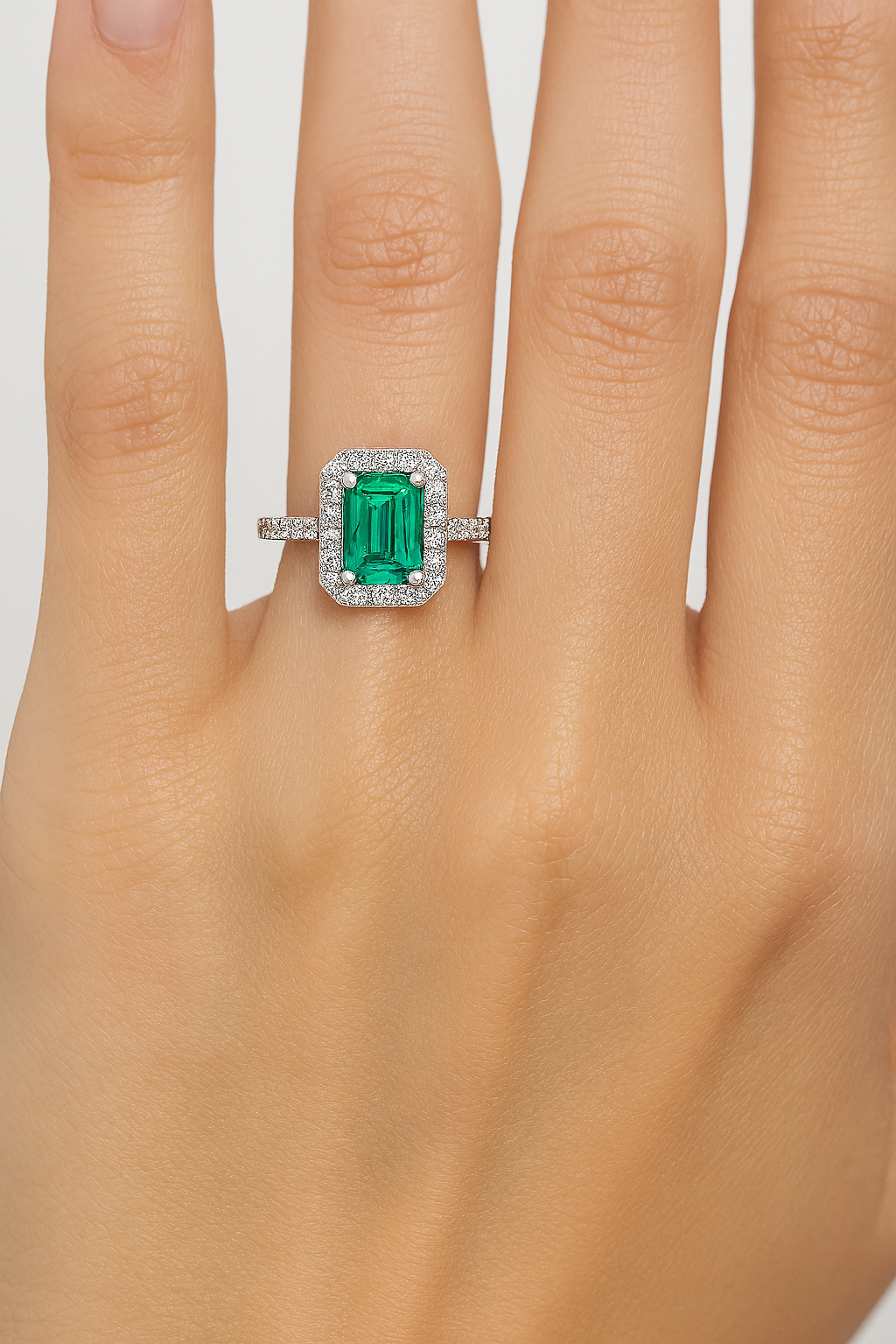 Octagon-Cut Emerald Ring with Diamond Halo and Band