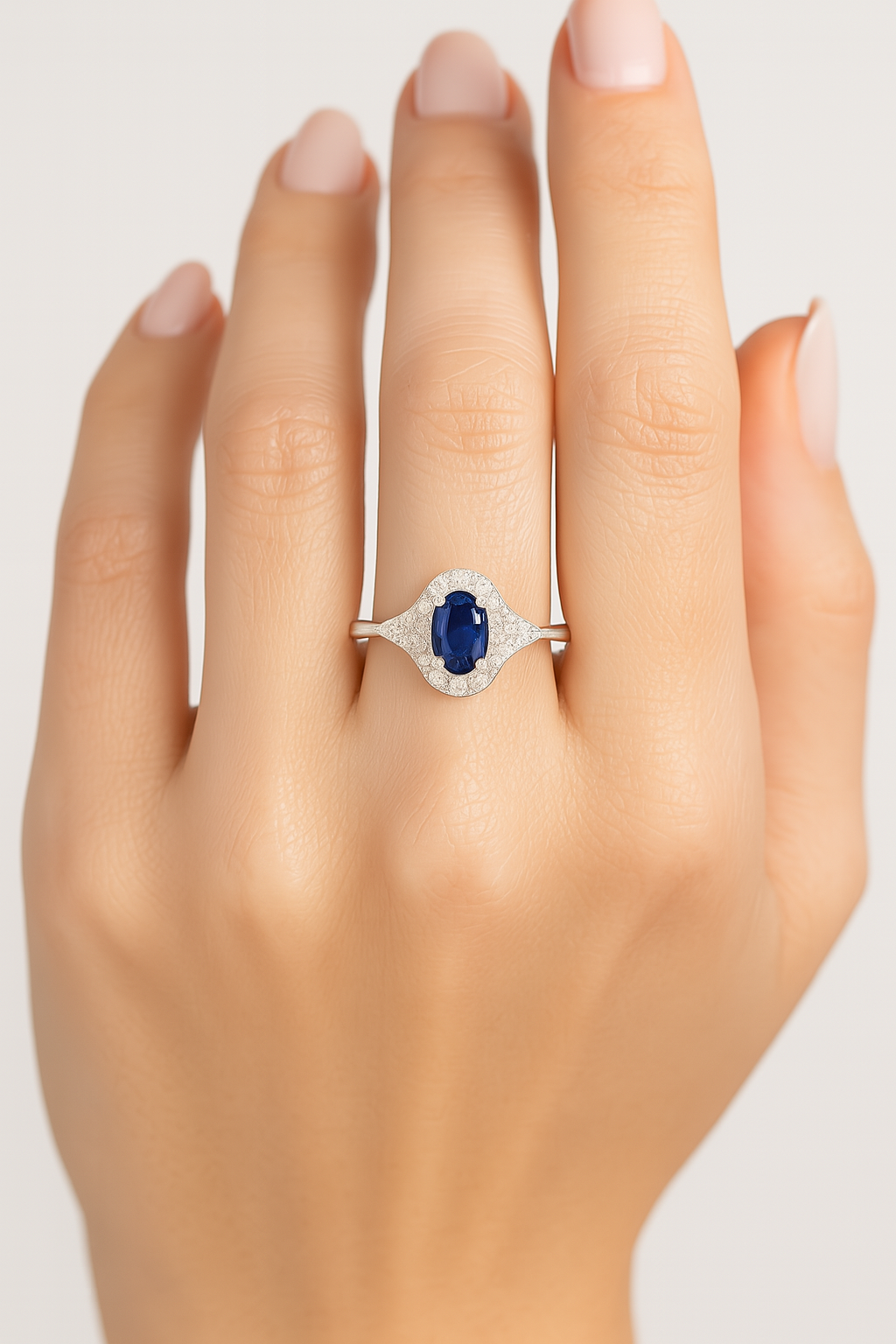Oval Sapphire (6x4mm) Ring with Diamond Halo and Side Accents