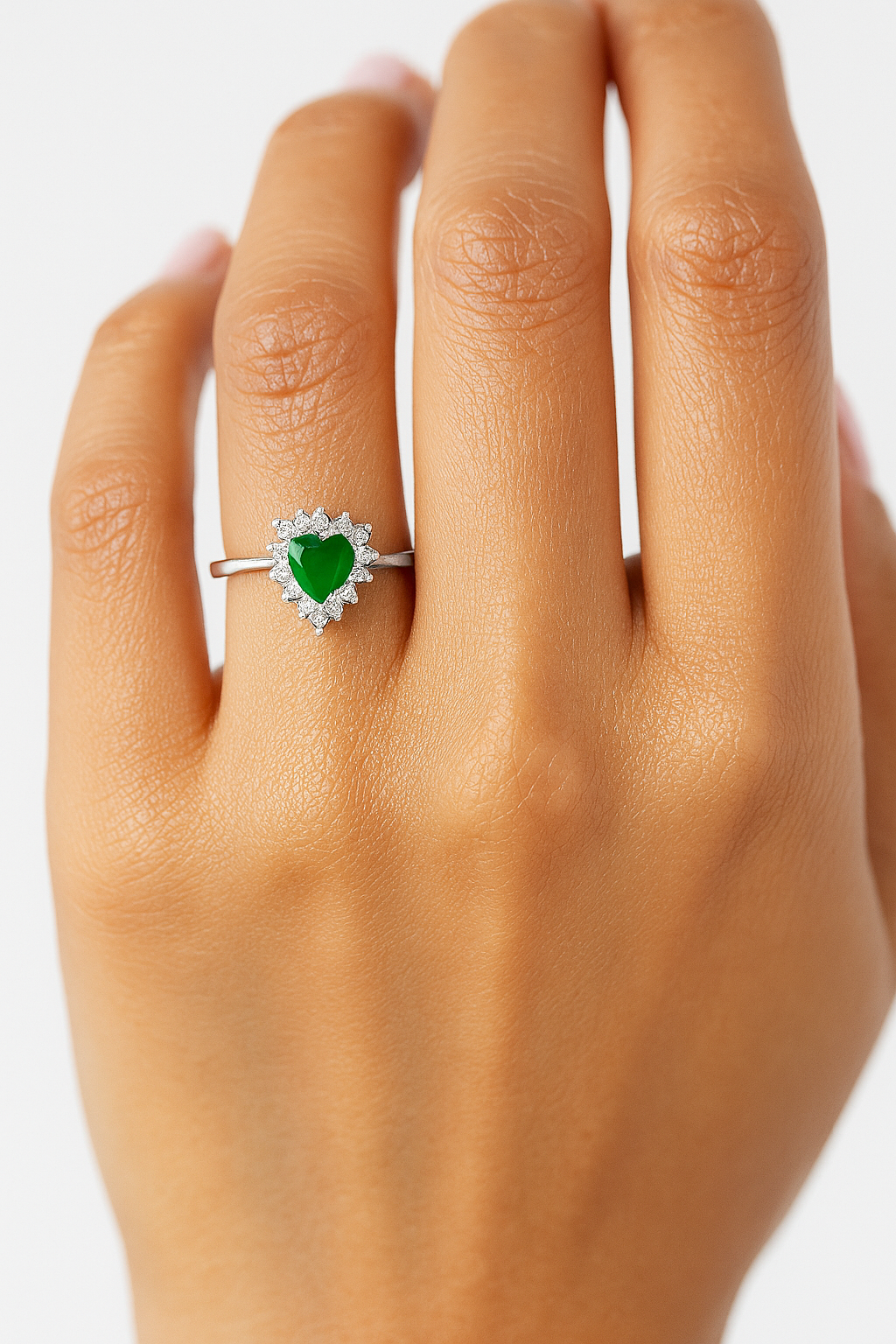 Heart-Shaped Emerald Ring with Diamond Halo