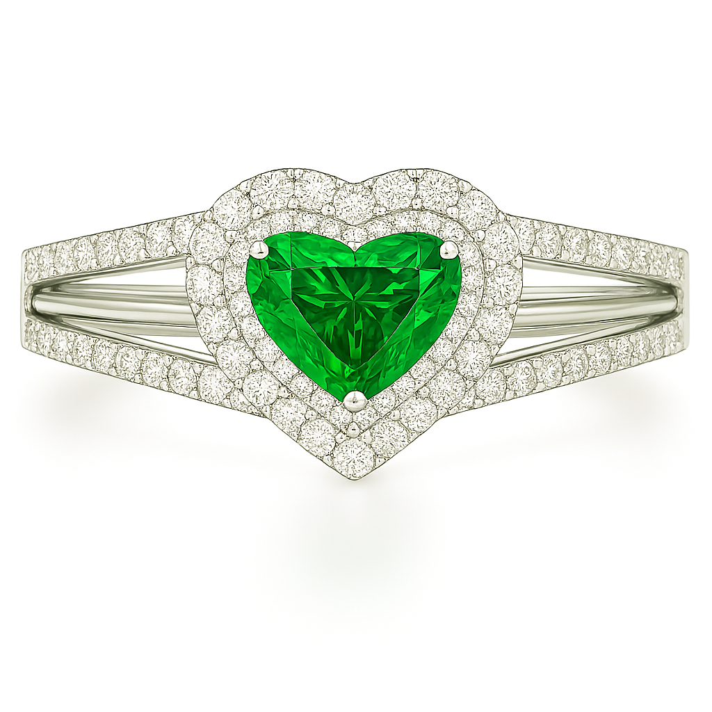 Heart-Shaped Emerald Ring with Double Halo & Diamond-Embellished Band (5mm)