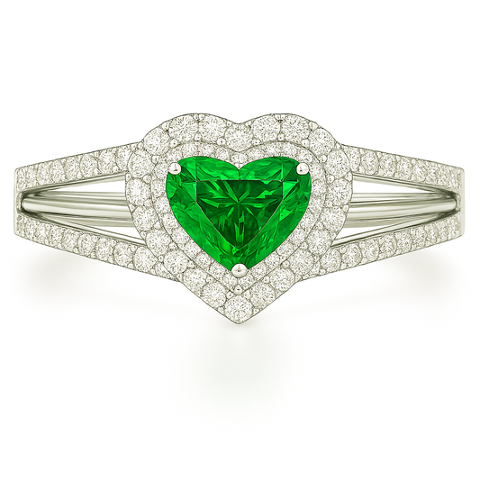 Heart-Shaped Emerald Ring with Double Halo & Diamond-Embellished Band (5mm)