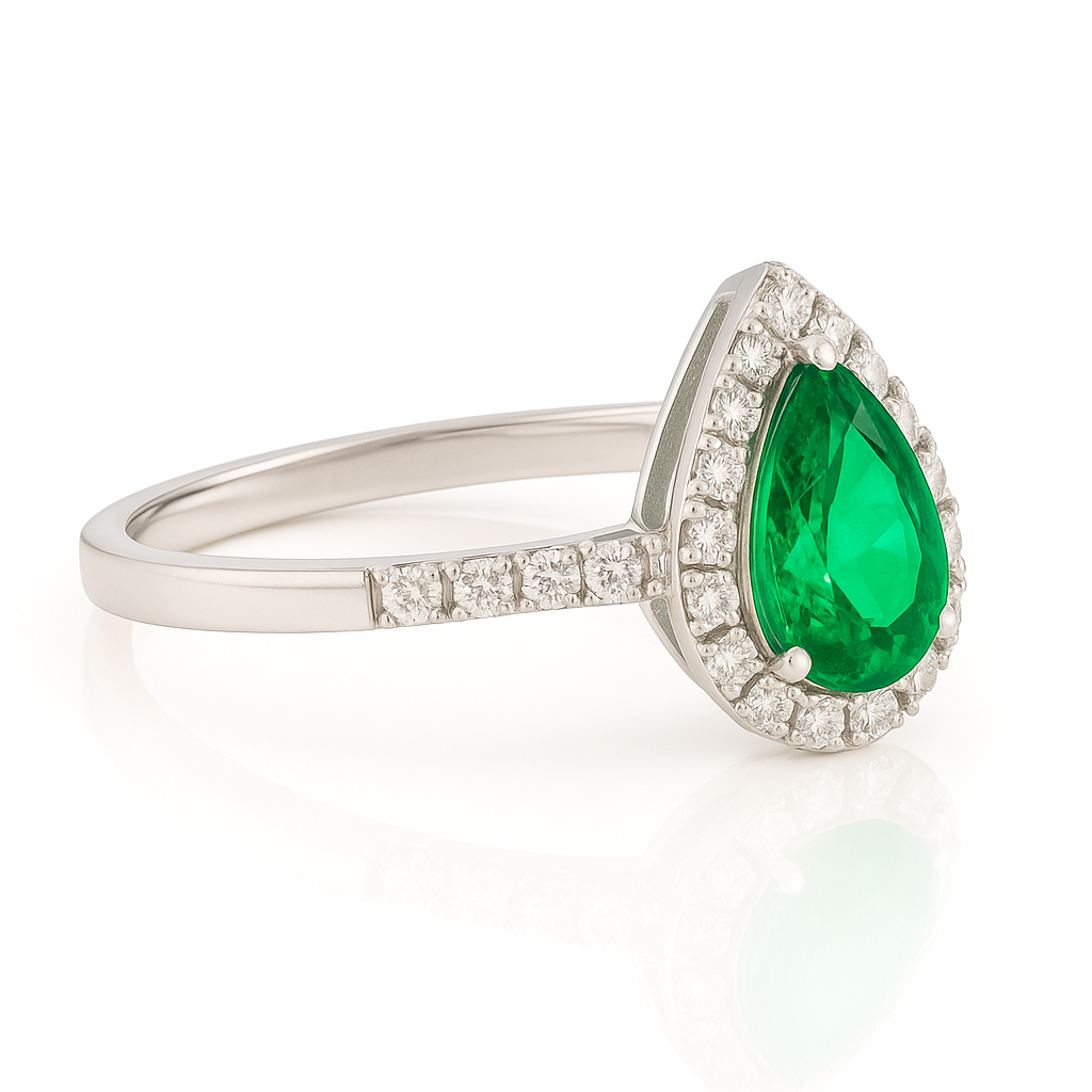 Pear-Shaped Emerald Halo Ring with Natural Diamonds