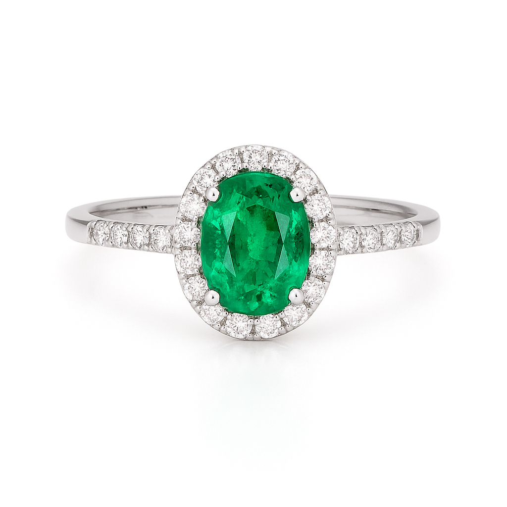 Oval Emerald Halo Ring with Diamond Accents