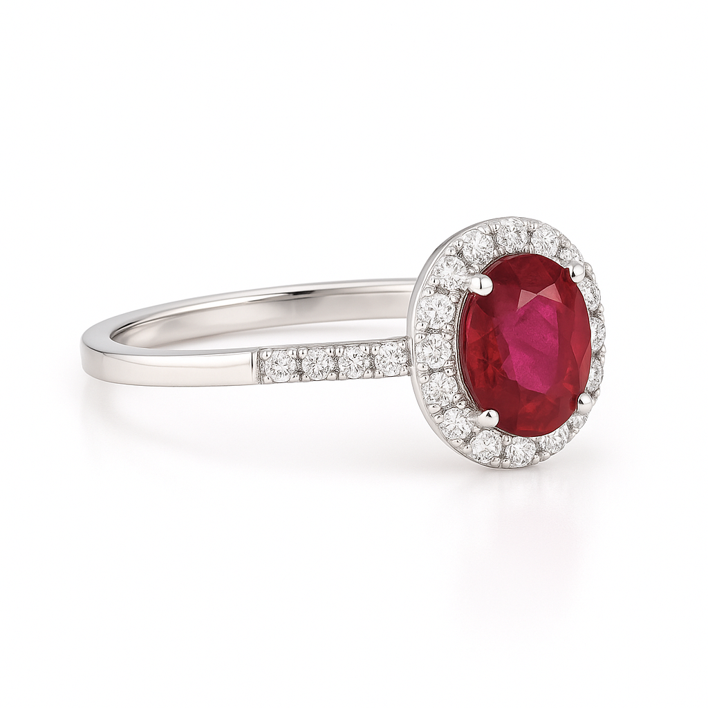 Oval Ruby Halo Ring with Diamond Accents