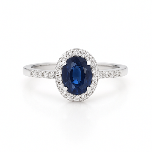 Oval Sapphire Halo Ring with Diamond-Set Band