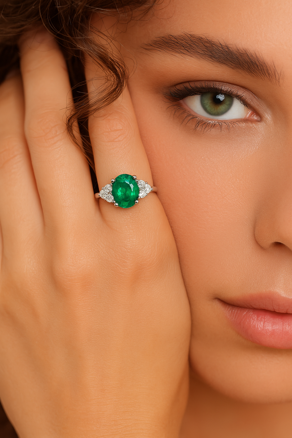 Oval Emerald Ring with Diamond Side Accents (5X4)